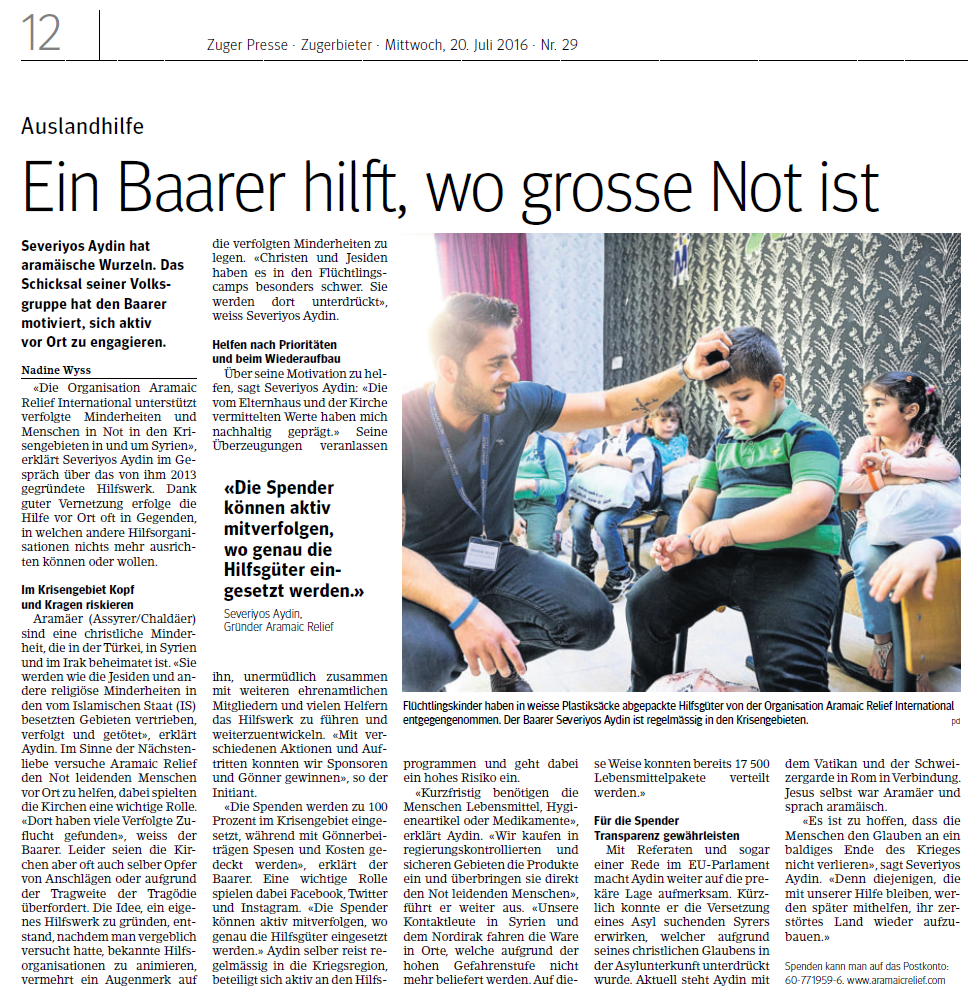 "Ein Baarer hilft, wo grosse Not ist", Zuger Presse, 20.7.2016