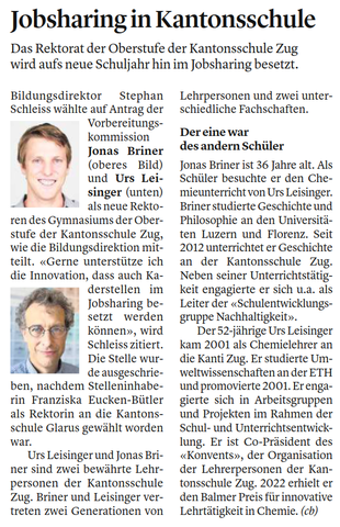 Das Rektorat der Oberstufe der Kantonsschule Zug wird aufs neue Schuljahr hin im Jobsharing besetzt.