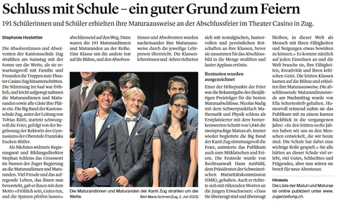 191 Schülerinnen und Schüler erhielten ihre Maturaausweise an der Abschlussfeier im Theater Casino in Zug