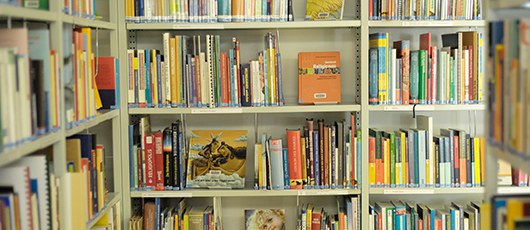 Bücherregal mit farbigen Büchern