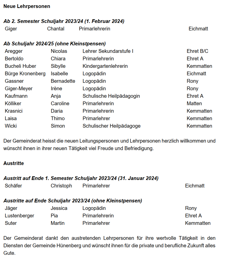 Neue Lehrpersonen