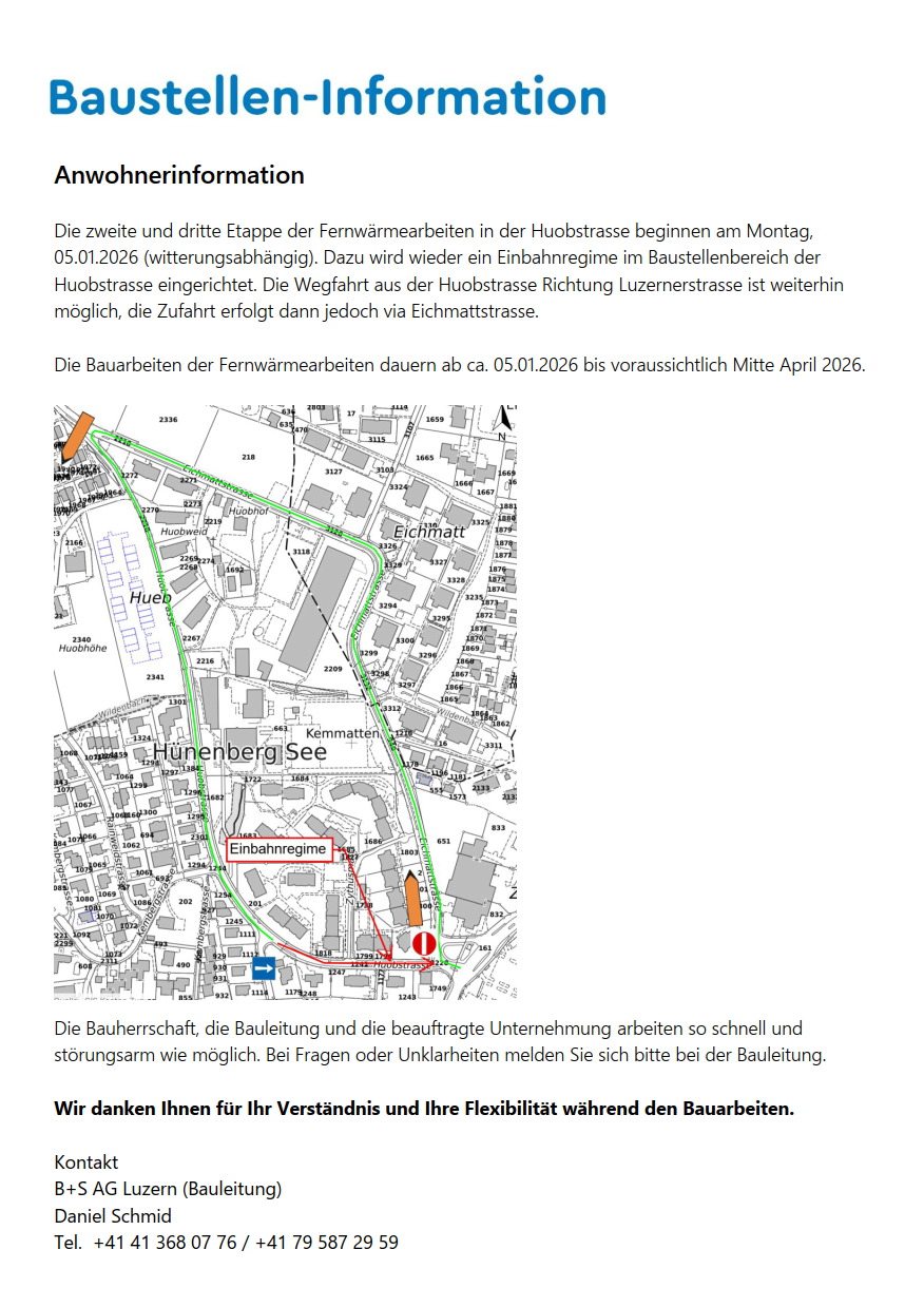 Anwohnerinformation Fernwärmearbeiten Huobstrasse