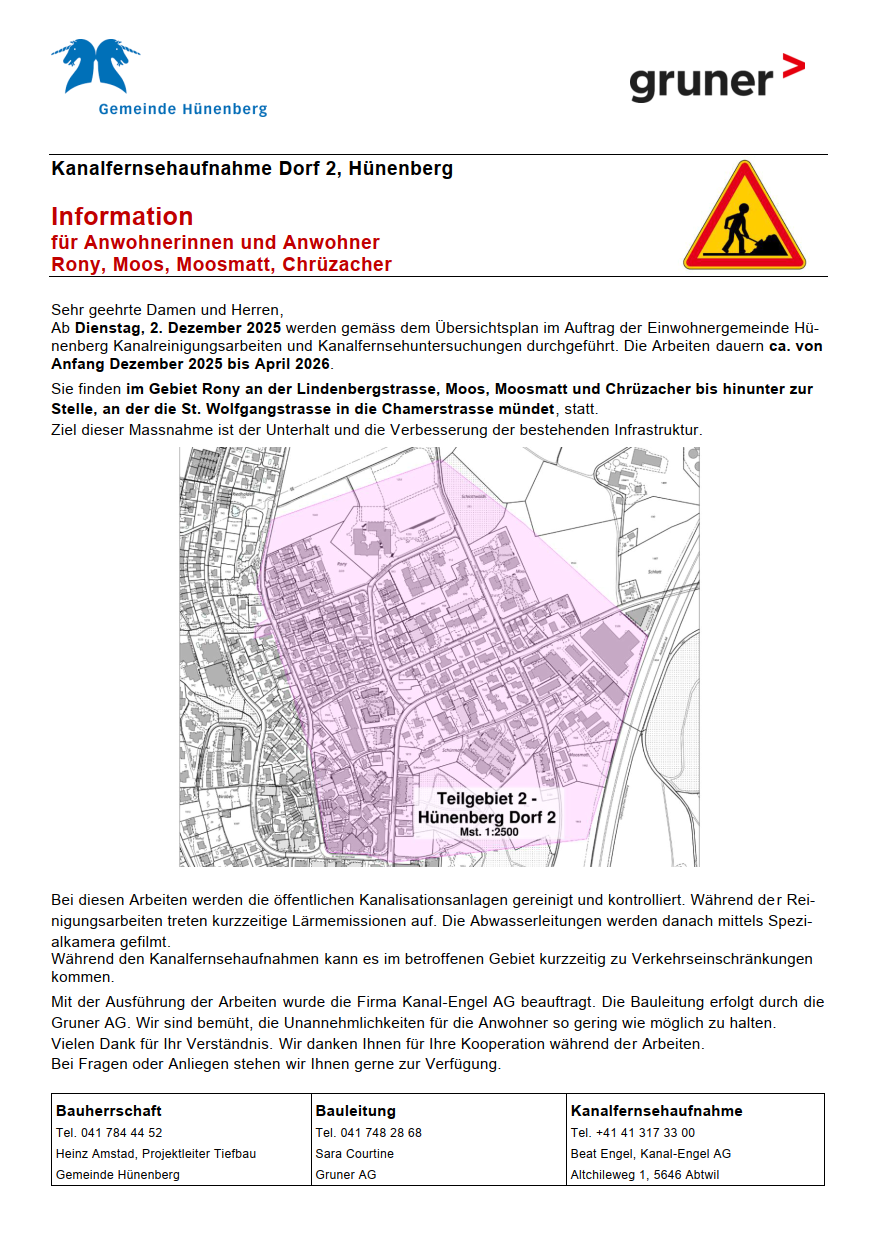 Anwohnerinformation Rony, Moos, Moosmatt und Chrüzacher