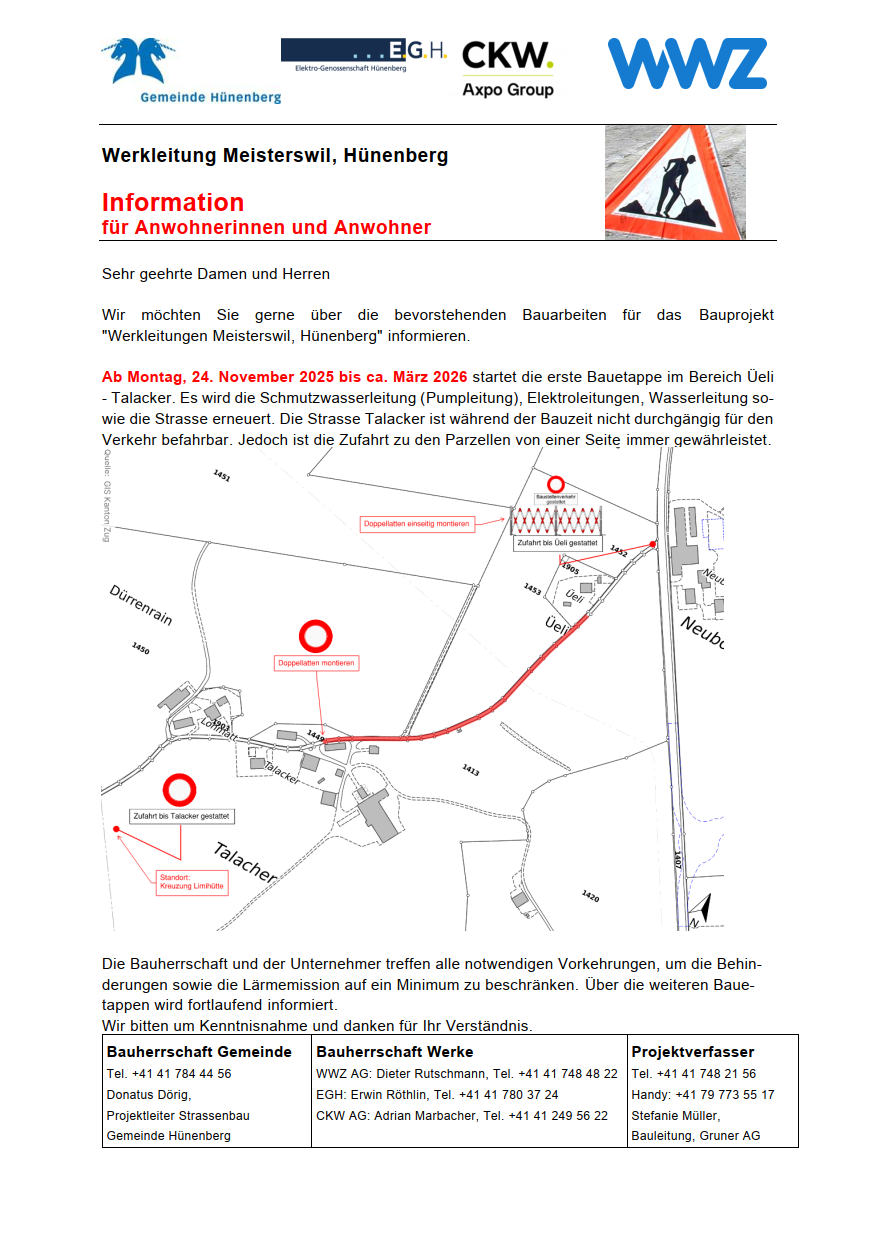 Anwohnerinformation Werkleitung Meisterswil, Hünenberg
