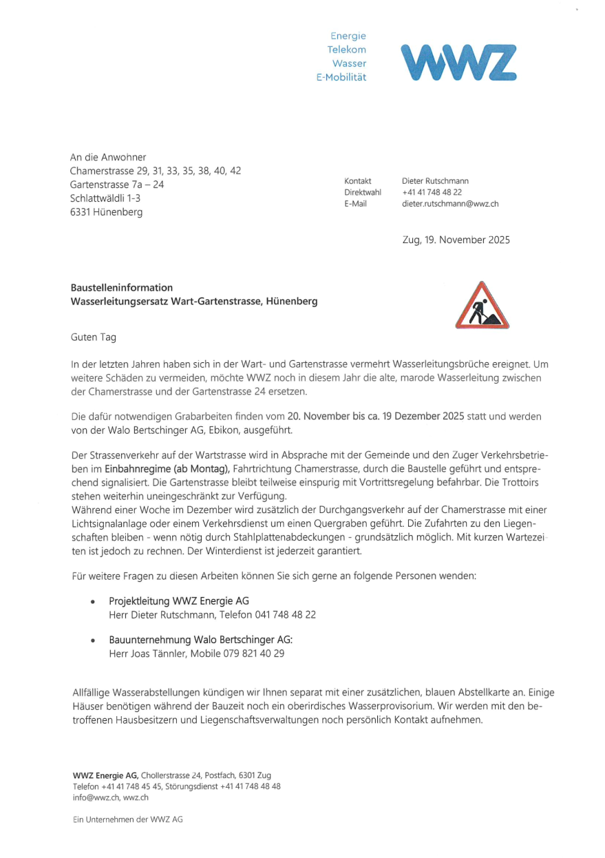 Baustelleninformation Wasserleitungsersatz Wart-Gartenstrasse