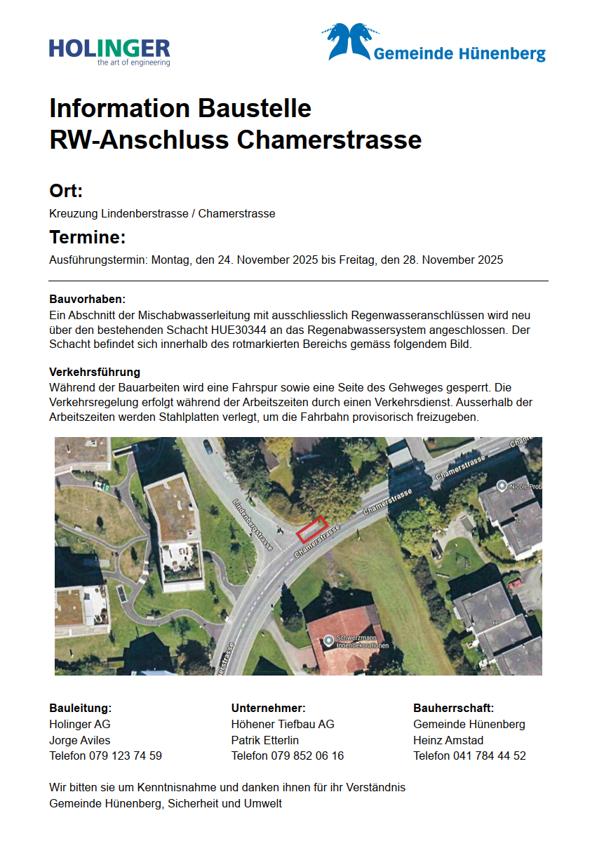 Information RW-Anschluss Chamerstrasse