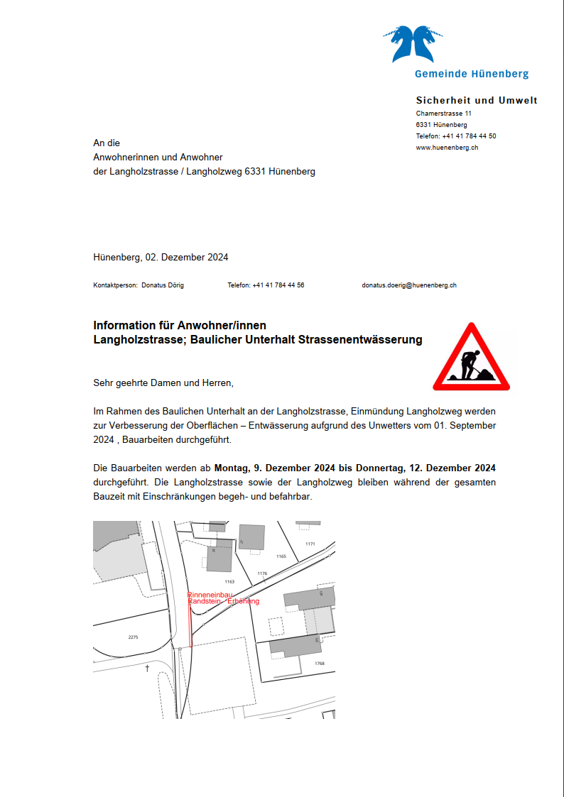 Information für Anwohner/innen Langholzstrasse; Baulicher Unterhalt Strassenentwässerung