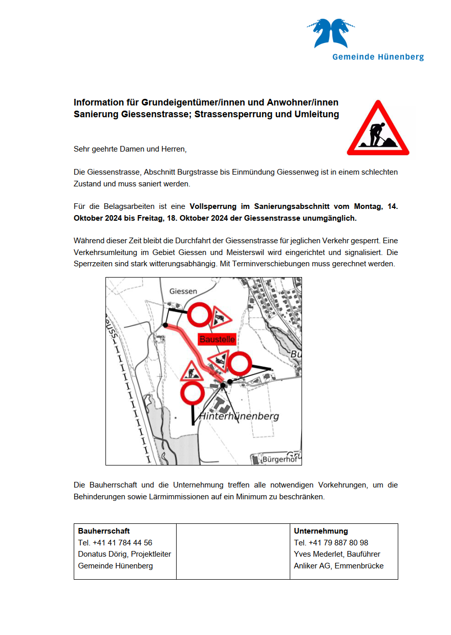 Sanierung Giessenstrasse; Strassensperrung und Umleitung