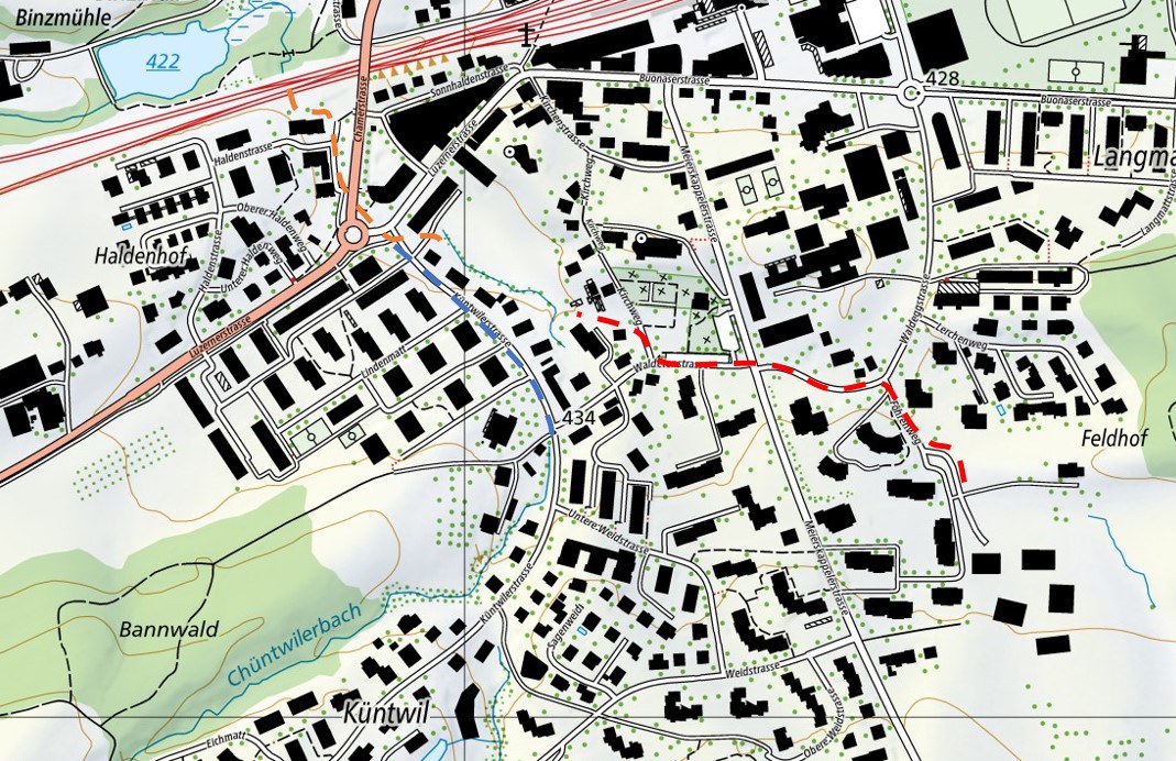Abbildung 2: Der neue Entlastungsstollen Chüntwilerbach (orange) und der Ersatz der Eindolung Waldbach (rot) sind zwei zentrale Massnahmen im Hochwasserschutzprojekt, als Ergänzung zur bestehenden Entlastungsleitung Waldhof (blau).