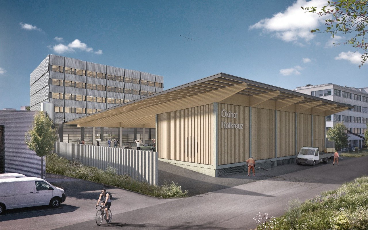 Visualisierung neuer Werk- und Ökihof mit darüberliegender Mantelnutzung.