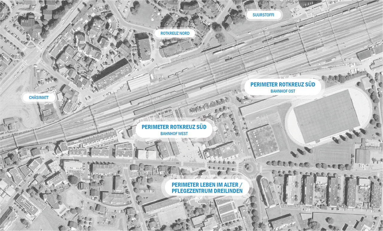 Übersicht der Planungsperimeter südlich des Bahnhofs