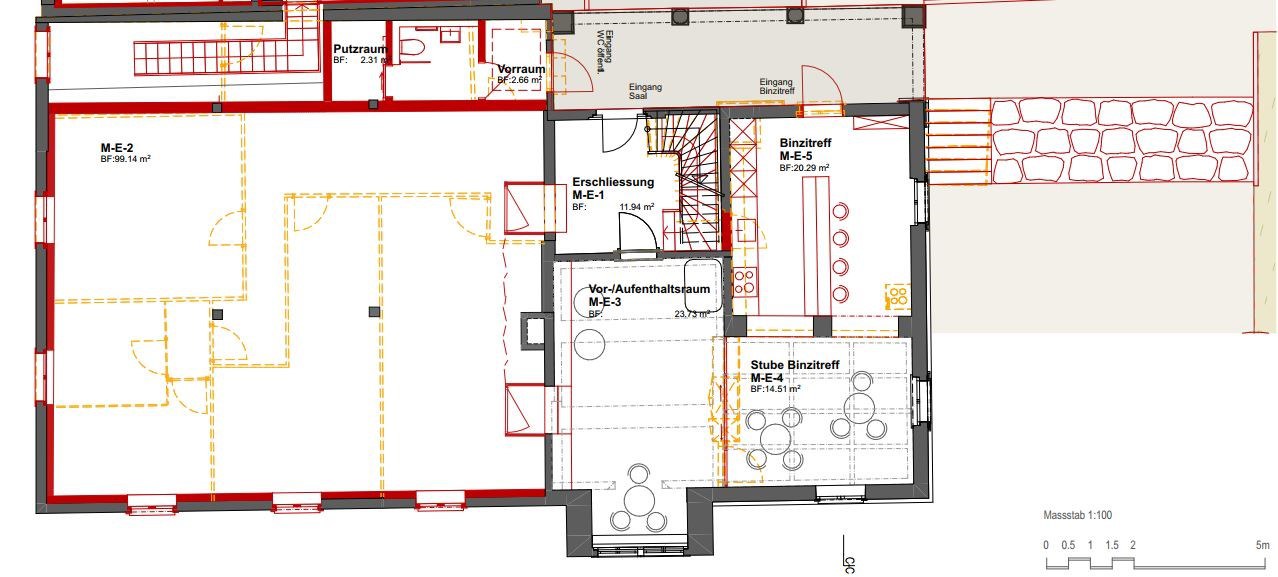 Erdgeschoss:					 Rot = neu         Orange = Rückbau