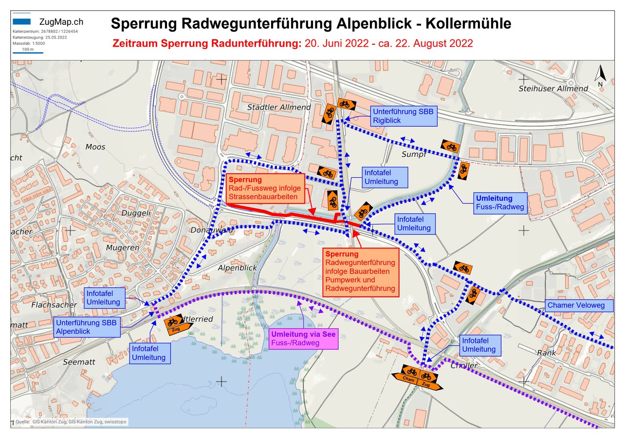 Sperrung der Radwegunterführung in der Kollermühle in Zug